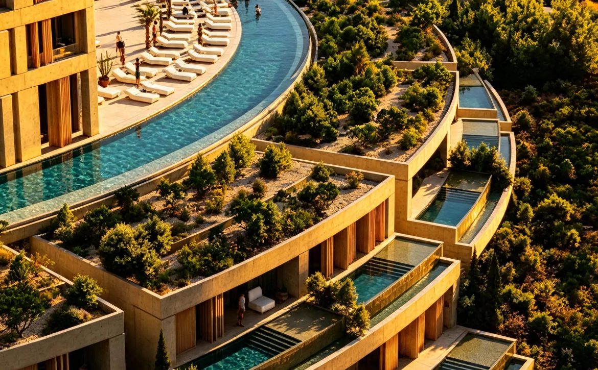 Modern Mediterranean architecture and cascading green balconies at Terrarosa Residence for sale in Borsh