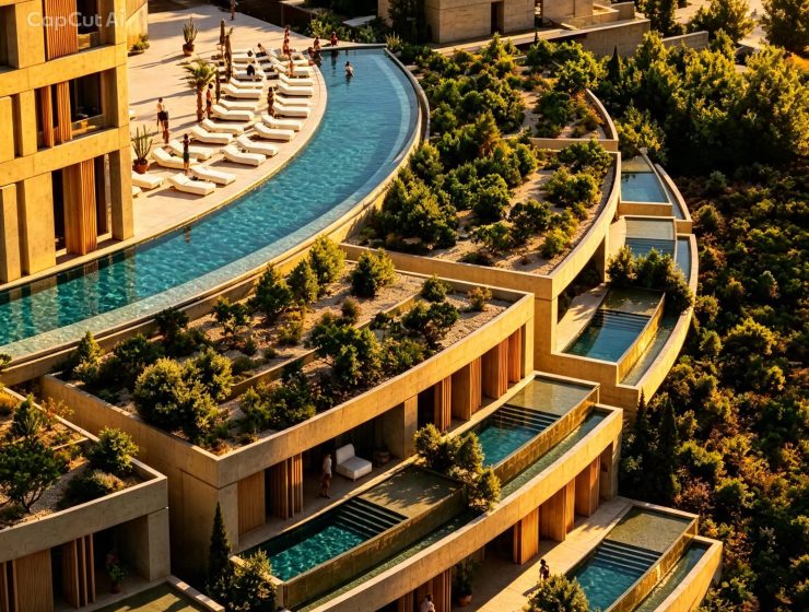Modern Mediterranean architecture and cascading green balconies at Terrarosa Residence for sale in Borsh